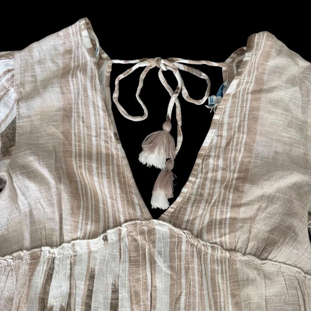 Blue Island Beach Coverup Small Ruffles Tassels Boho Tan Neutral Stripes Resort‎